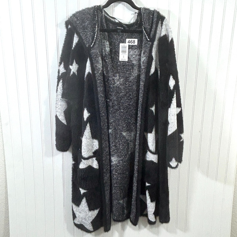 Torrid Hooded Black Sweater White Stars Open Cardigan Womens 4X Coatigan NWT - Picture 3 of 8